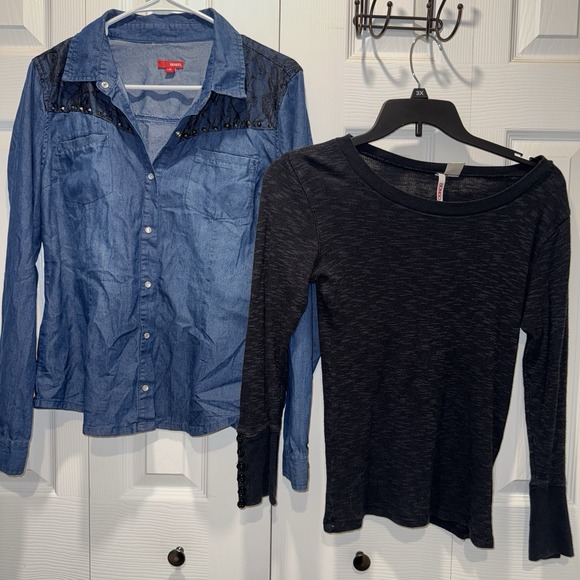 Y2K Bongo Grunge Goth Black Thermal Top Boho Denim Lace Shirt Lot Set Western L - Picture 1 of 9